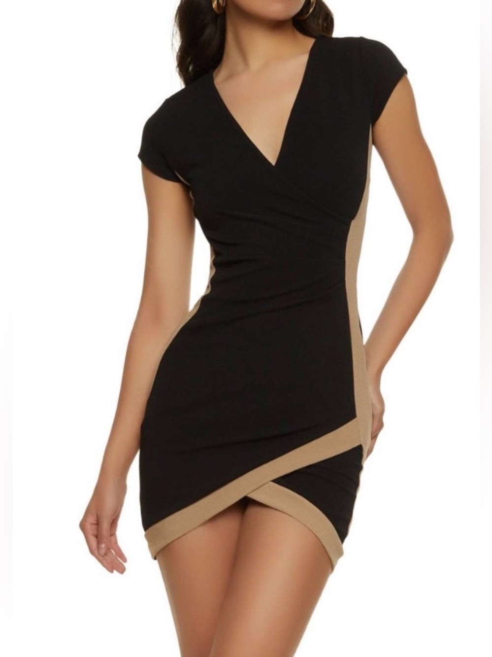 Almost Famous Short Sleeve Bodycon Wrap Dress Black & Tan Size S
